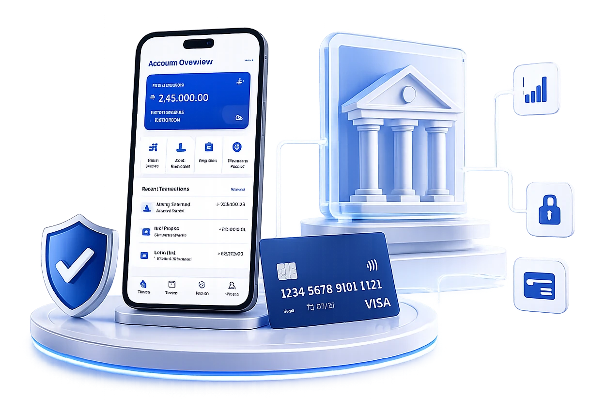 3D fintech visual with mobile banking app, security shield, premium banking card and bank connected by AI workflow lines