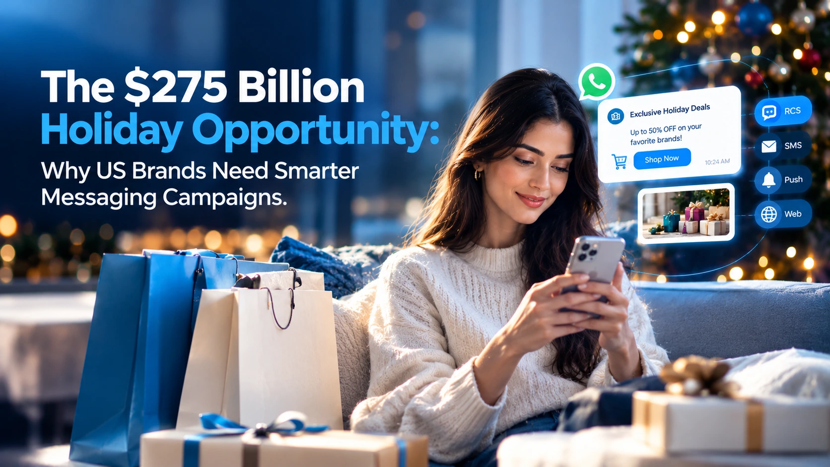 The $275 billion holiday shopping opportunity: US brands using smarter messaging campaigns across WhatsApp, RCS, SMS, push notifications, and web to engage holiday shoppers, personalize festive offers, and drive ecommerce conversions during the holiday season.