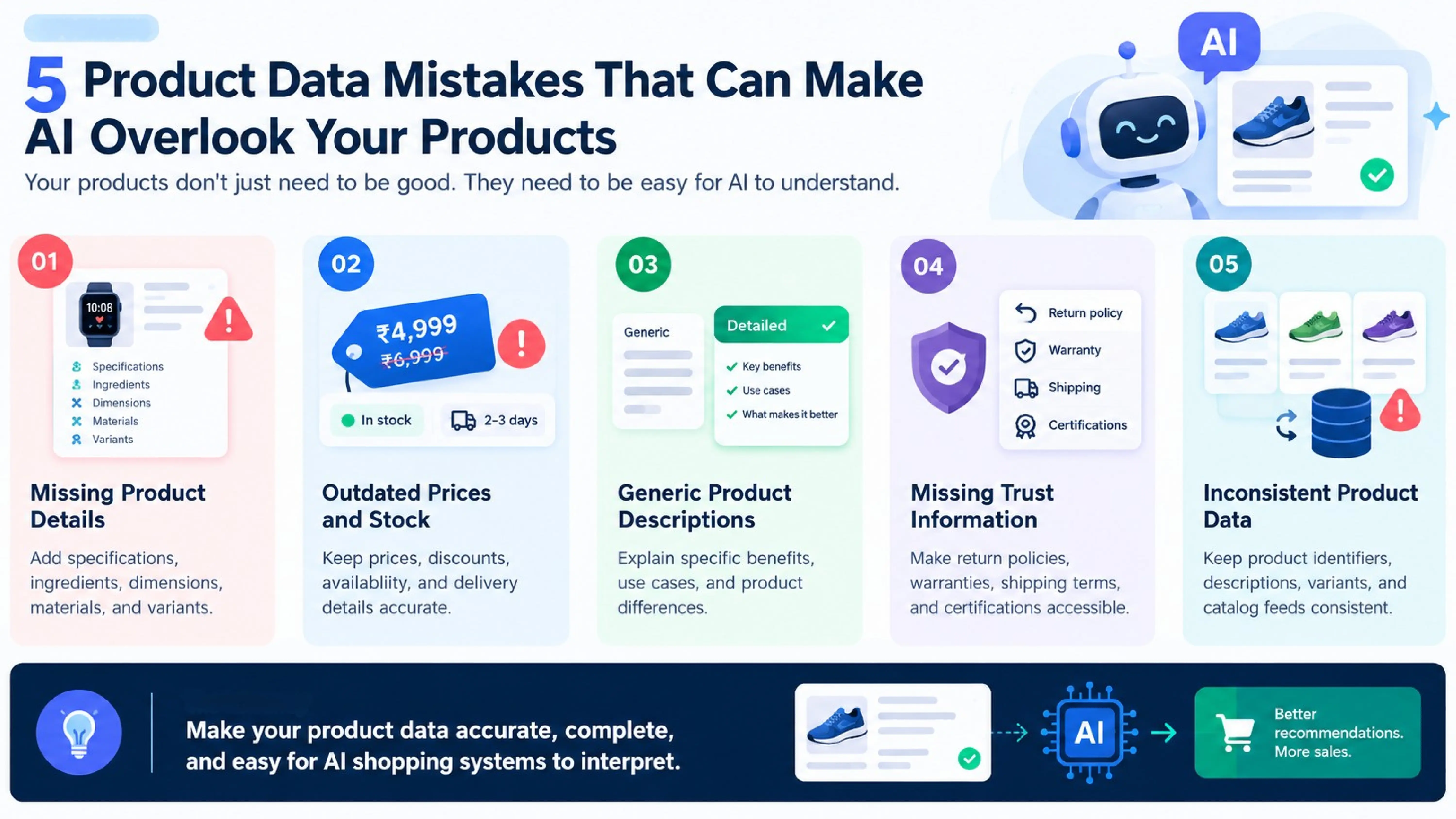 5 product data mistakes that can make AI overlook your products, including missing details, outdated prices, generic descriptions, missing trust information, and inconsistent product data.