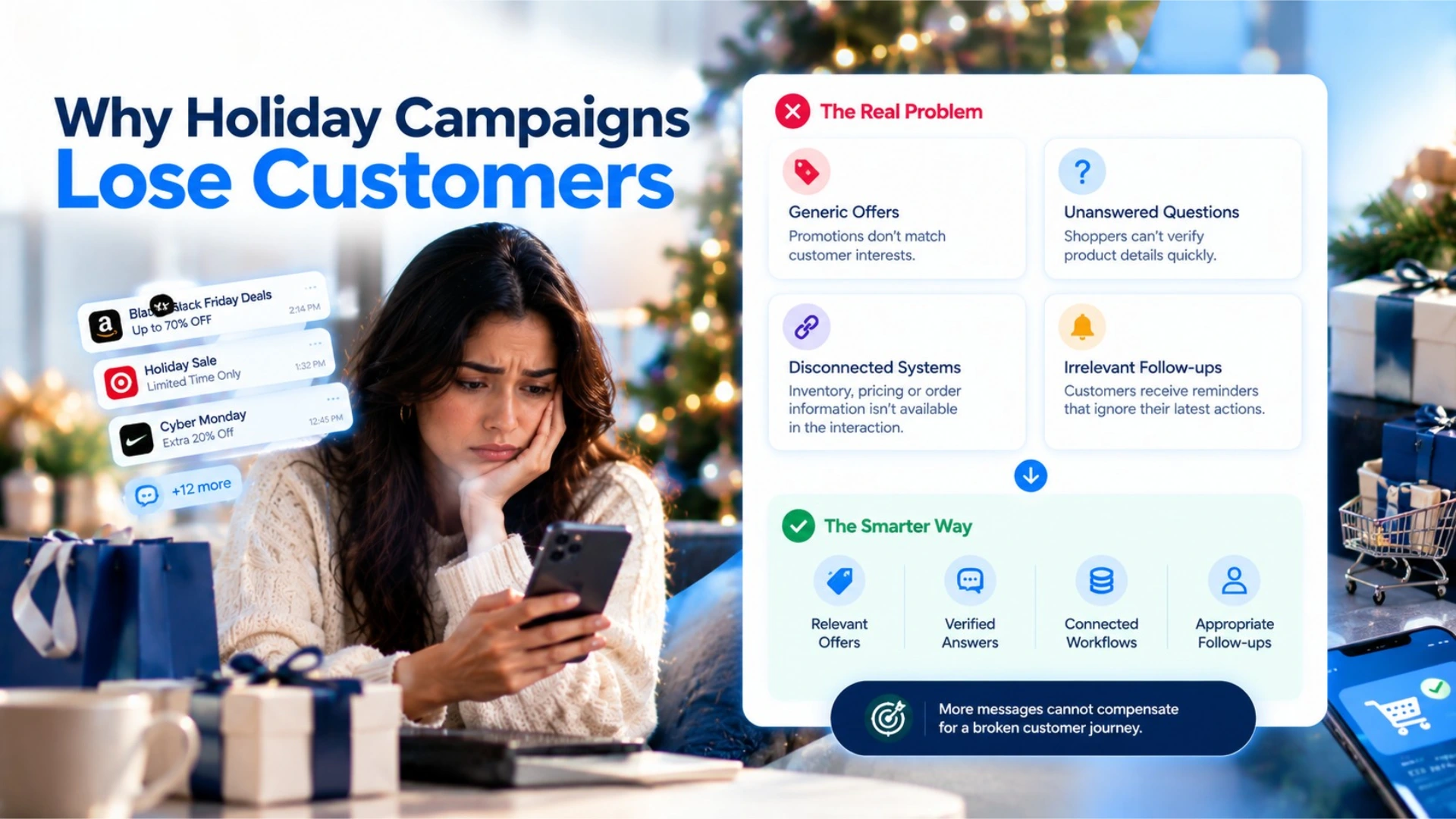 Holiday marketing infographic showing why holiday campaigns lose customers due to generic offers, unanswered product questions, disconnected business systems, and irrelevant follow-ups, and how smarter messaging, verified AI answers, connected workflows, and timely customer engagement can improve Black Friday and Cyber Monday campaign performance for US retailers and ecommerce brands.